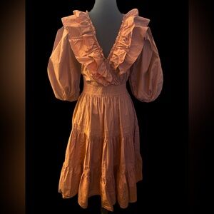 IVY CITY Ruffled V-Neck Dress in Rust Orange XS GUC